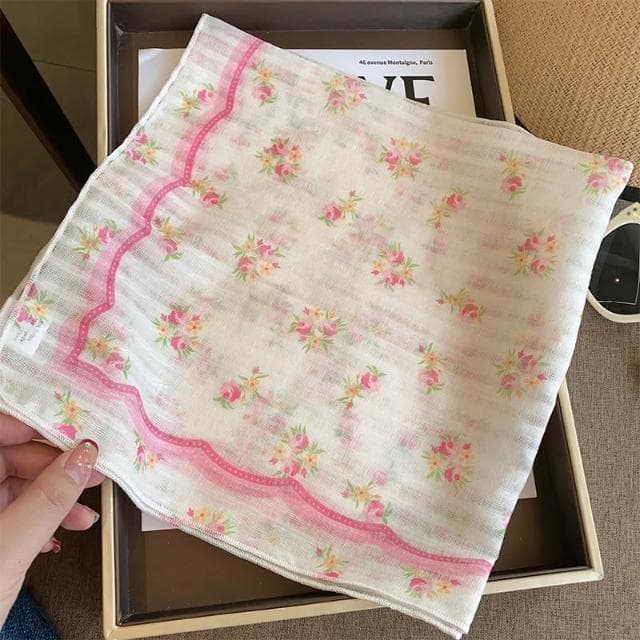 梵花 絲巾女棉麻小方巾韓版甜美粉碎花包頭巾防曬裝飾拍照空調房披肩潮