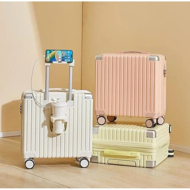 登機行李箱 18吋20吋 馬卡龍色 高顏值 USB充電摺疊杯架 密碼鎖 萬向輪 輕巧ABS材質