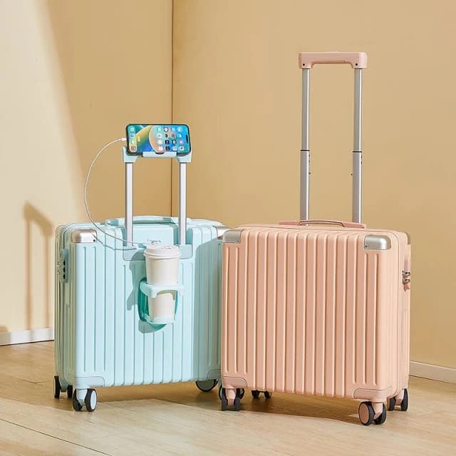 登機行李箱 18吋20吋 馬卡龍色 高顏值 USB充電摺疊杯架 密碼鎖 萬向輪 輕巧ABS材質
