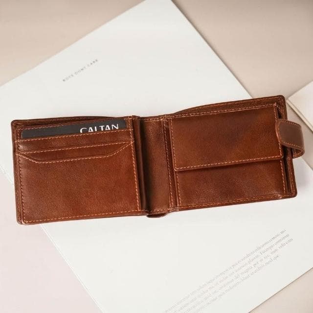 CALTAN DESIGN | 扣式三頁真皮多功能零錢短夾 075250 兩色 (中性 真皮 短夾 皮夾 錢包 )