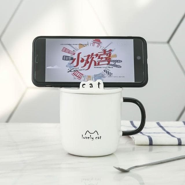 情侶 對杯 馬克杯 陶瓷 帶蓋 手機支架 辦公室 水杯 家用 伴手禮 咖啡杯 奶茶杯 附攪拌勺 陶瓷杯 牛奶杯 果汁杯