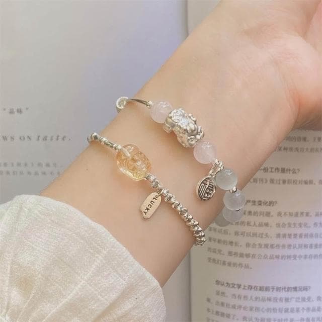 【開運堂】🔥現貨🔥貔貅手鍊貔極泰來福氣滿滿貓眼石粉晶貔貅福牌銅鍍銀串珠手鍊女錦鯉大王