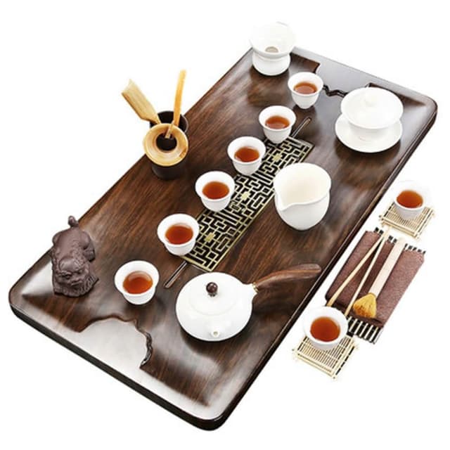 21件組實木茶盤陶瓷黑紫砂茶具