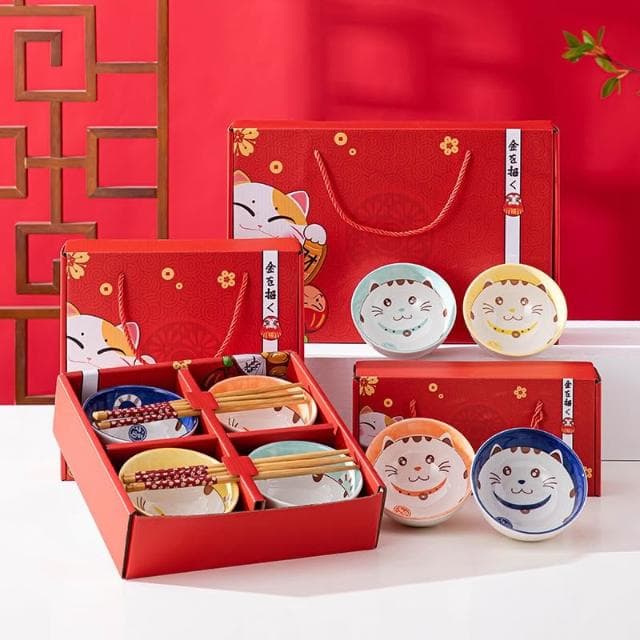 台灣現貨 招財貓兩碗禮盒 日式 可愛 卡通 貓咪 招財貓 禮盒 禮品 飯碗 陶瓷 春節 尾牙 滿月 喬遷 送禮 活動