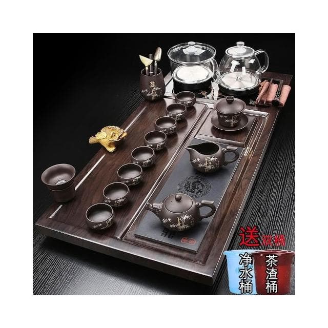 整套實木茶盤全自動燒水壺功夫茶具套裝客廳紫砂泡茶杯大茶臺一體