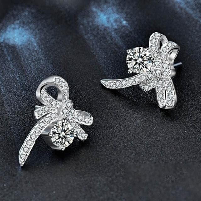 【MoonDy】飾品 耳環 女生耳環 蝴蝶結耳環 純銀耳環 莫桑石耳環 韓系耳環 氣質耳環 925銀針 抗敏感耳環