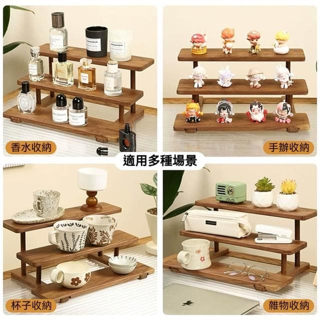 〖悠悠小鋪〗簡約複古風實木桌面置物架 收納架 小型階梯茶具架 杯架 茶壺文玩展示架 陳列架