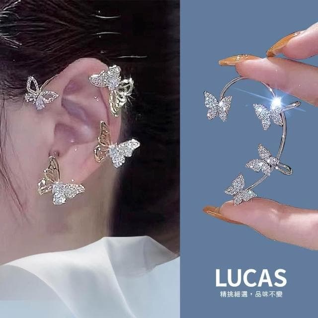 耳掛式耳環 耳掛 耳骨夾 超閃鑲鑽蝴蝶耳夾 一體耳飾 蝴蝶耳夾 無耳洞耳夾 夾式耳環 造型耳掛 一體式耳環 耳掛耳環