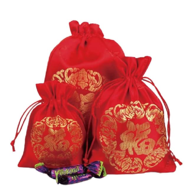 【2square shop 貳次方】五福臨門 大 中 小 紅錦緞束口袋 福袋 過年 新年 禮品袋 禮物袋 贈品