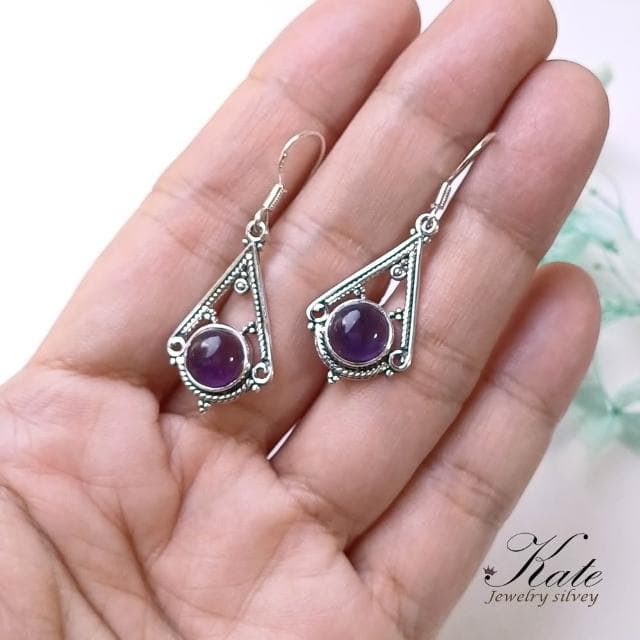 【KATE】銀飾 復古雕花天然紫水晶純銀耳環 可改夾 銀飾 智慧石 二月生日石 眉心輪 生日禮物 情人禮物