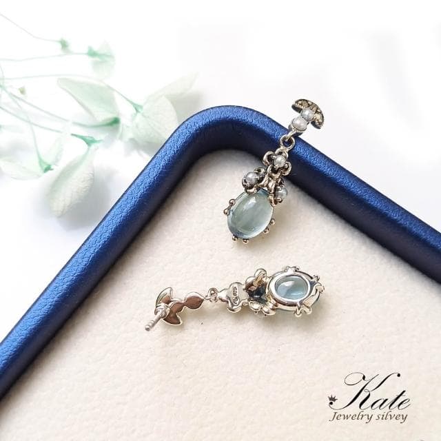 【KATE】銀飾 維多利亞天然海藍寶小米珍珠純銀耳環 珠寶專櫃精品 花葉雕花 海藍寶耳環 珍珠耳環 生日禮物 情人禮物