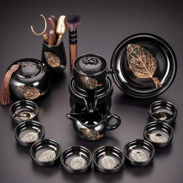 木葉盞 功夫茶具套裝 整套陶瓷茶具 辦公室茶具 會客懶人石磨自動茶具