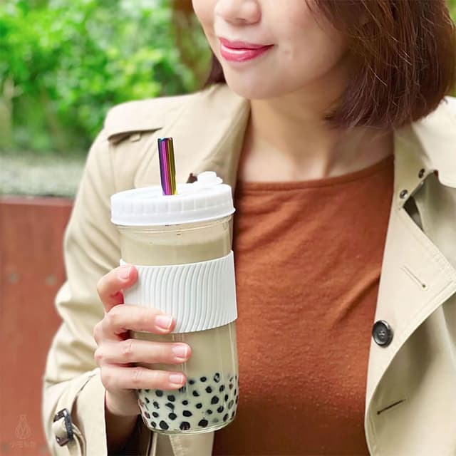防滑隔熱飲料杯 700ml-白色含吸管 (環保杯/珍奶杯/玻璃杯/隨行杯/手搖杯/梅森罐/梅森杯)