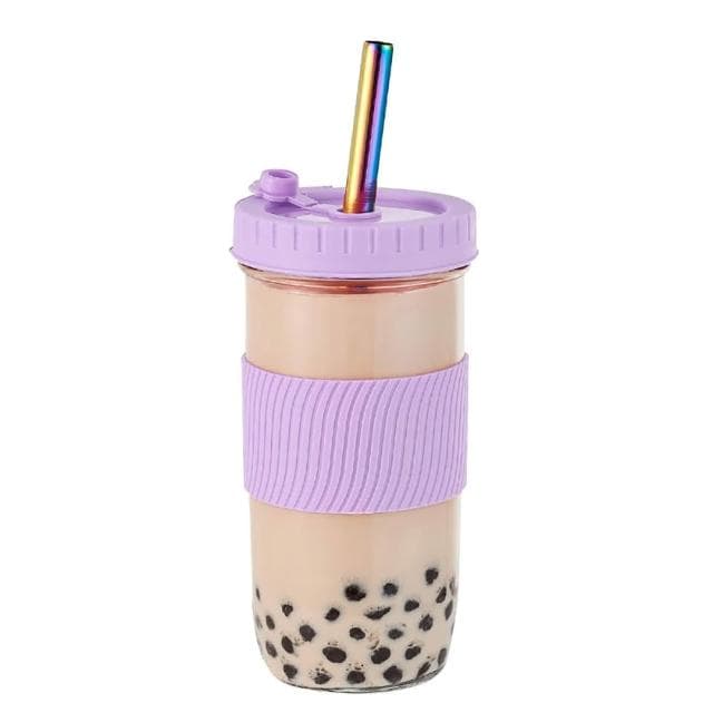 防滑隔熱飲料杯 700ml-紫色含吸管 (環保杯/珍奶杯/玻璃杯/隨行杯/手搖杯/梅森罐/梅森杯)