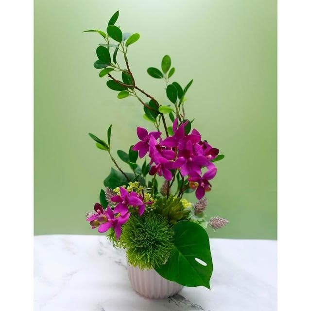 【HUGO DECO 榆果傢飾】雅緻桃紅蝴蝶蘭榕枝香氛花禮(擬真植物/人造盆栽/綠化/佈置/禮物)
