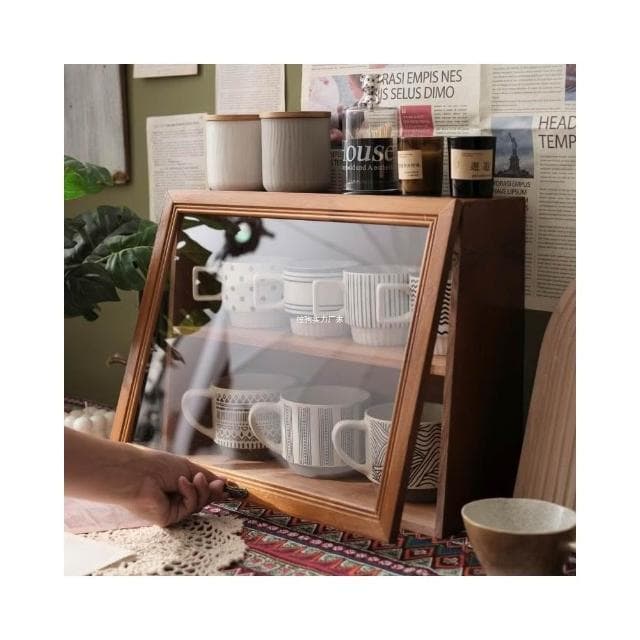 桌面咖啡杯子收納盒馬克杯茶具展示櫃實木水杯化妝品復古木質帶蓋