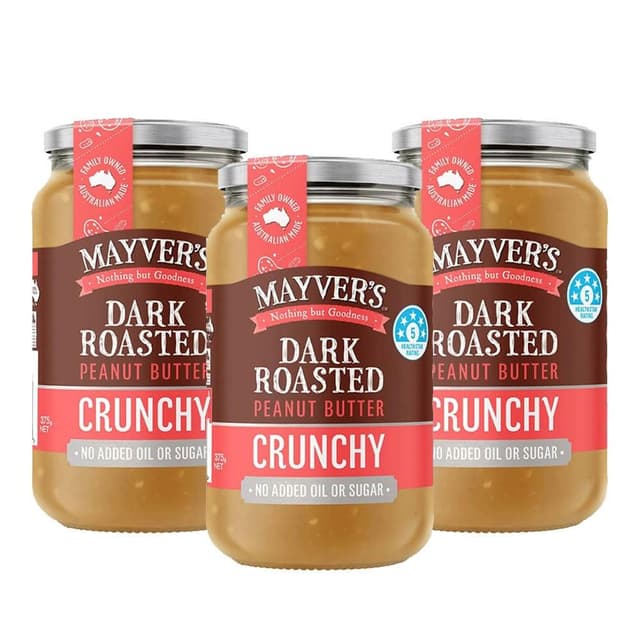 澳洲 Mayvers 香烤無糖花生醬375g-3入組 (顆粒;純素/PEANUT/無麩質)