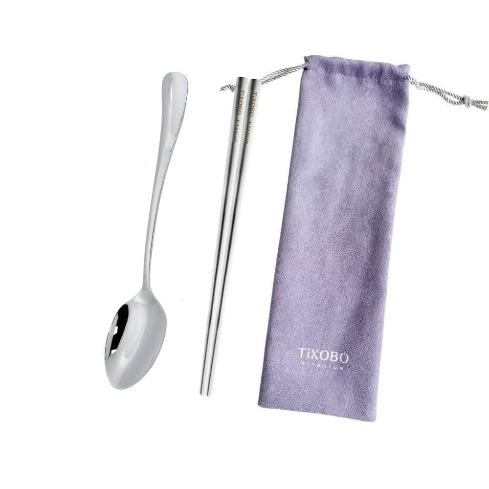 【TiKOBO 鈦工坊】純鈦湯叉筷2件組 附絨布套 含純鈦湯匙／純鈦叉子+純鈦防燙空心筷19cm  環保餐具 非不鏽鋼 無化學塗層