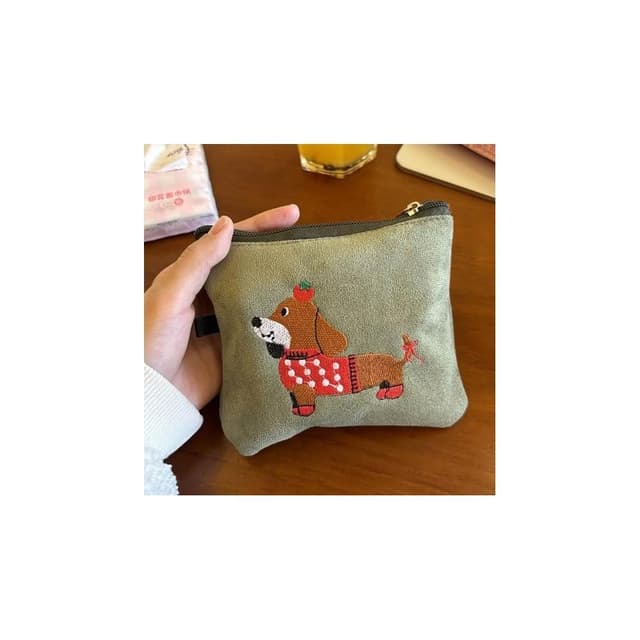 零錢包 仿麂皮 絨布 臘腸狗 刺繡 小錢包 小包包 隨身包 收納包 拉鍊包 口紅包 月事包 耳機包