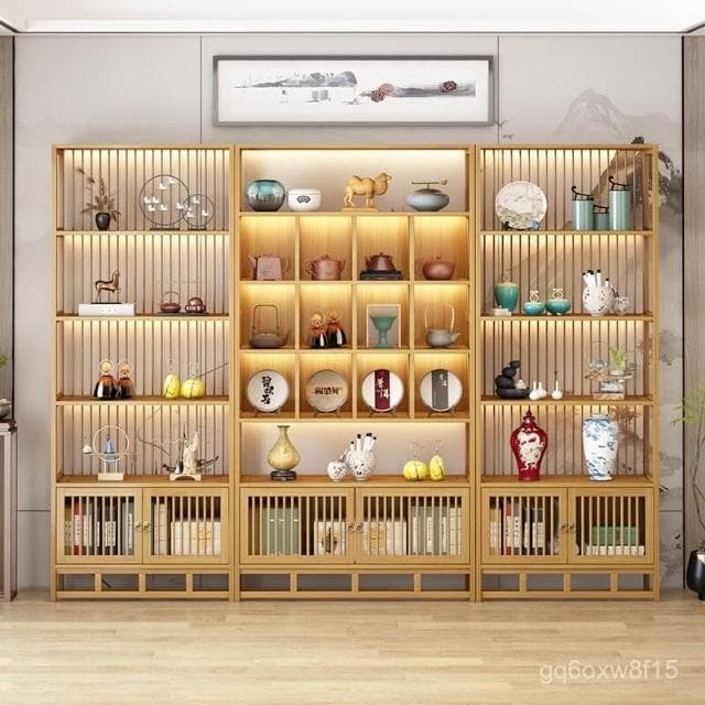 🔥熱銷爆品 包郵博古架茶具茶葉置物架多寶閣茶葉櫃非實木擺原木色展示櫃 VQKL