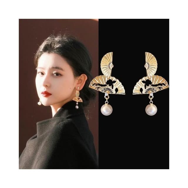 {遇見臻品}BG187新娘結婚晨袍耳環金色扇子珍珠耳墜輕奢氣質飾品全新中式扇形珍珠耳環空輕奢精緻耳飾國風古風純銀耳環耳墜
