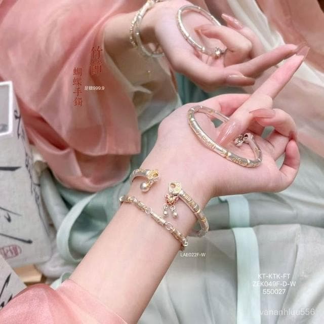 蝴蝶竹節手鐲女實心琺瑯彩銀手環新中式母親節禮物可水洗