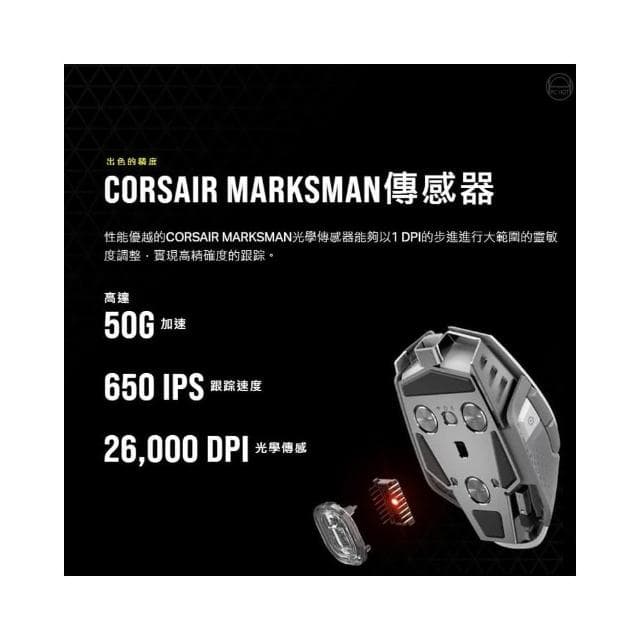 【CORSAIR 海盜船】M65 RGB Ultra Wireless 無線滑鼠(黑/白色/標誌性設計/無線連接/RGB燈光)