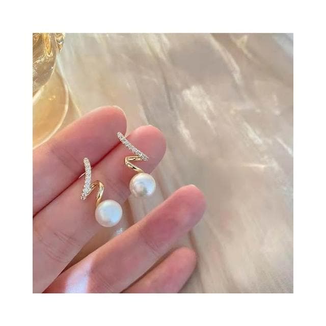 {遇見臻品}BG072韓國東大門S925銀針小眾設計扭曲鑲鑽珍珠耳環簡約百搭耳飾女生氣質耳環韓版簡約造型耳環