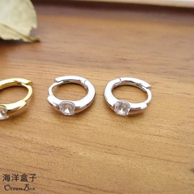 【海洋盒子】經典簡約亮面金色.白金單鑽針式925純銀易扣耳環.外鍍專櫃級正白K.精緻鍍金.圈圈耳環