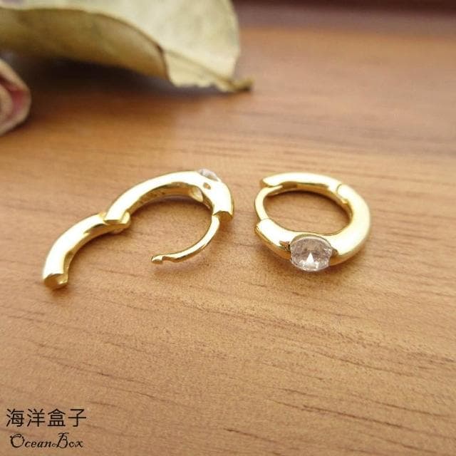 【海洋盒子】經典簡約亮面金色.白金單鑽針式925純銀易扣耳環.外鍍專櫃級正白K.精緻鍍金.圈圈耳環