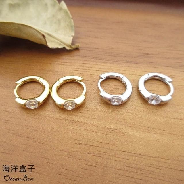【海洋盒子】經典簡約亮面金色.白金單鑽針式925純銀易扣耳環.外鍍專櫃級正白K.精緻鍍金.圈圈耳環