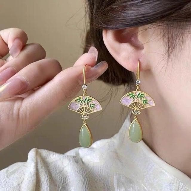 {遇見臻品}BG139新中式宮廷耳墜森系超仙扇形國風復古旗袍漢服婚紗風民族風情耳飾古風燒藍蝴蝶耳環中式折扇耳環國風耳飾