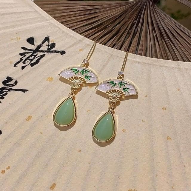 {遇見臻品}BG139新中式宮廷耳墜森系超仙扇形國風復古旗袍漢服婚紗風民族風情耳飾古風燒藍蝴蝶耳環中式折扇耳環國風耳飾