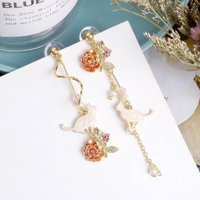 {遇見臻品} BG415貓咪耳環漢服古風耳環春季夏耳環紅玫瑰花珍珠貓咪流蘇耳飾品優雅氣質金屬耳環復古風耳環長款氣質耳環
