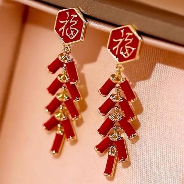 {遇見臻品}BG181新年紅色福字耳環輕奢耳飾福紅色字鞭炮耳環復古港風耳飾時尚民族風耳飾中國風耳飾造型耳環復古風耳環