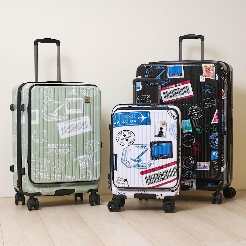 【SOLOLiFe】世界郵戳 德國拜耳PC 鏡面行李箱 前開式行李箱 前開行李箱 30吋/25吋/20吋