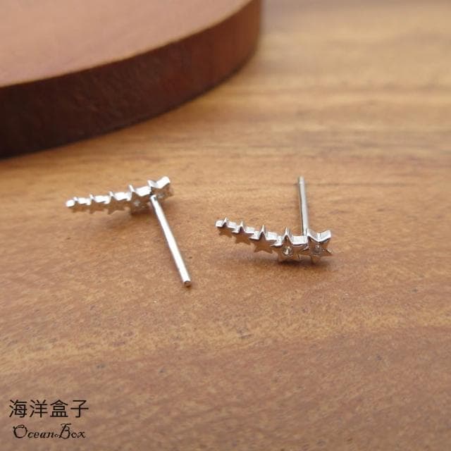 【海洋盒子】閃耀清冷排列鑲鑽微笑流星S925純銀耳環.貼耳耳環.外鍍專櫃級正白K