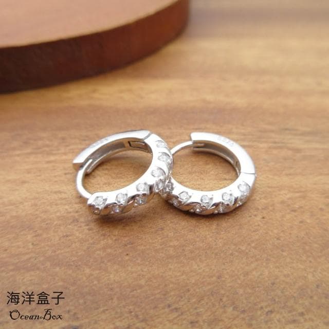 【海洋盒子】璀璨閃耀螺旋排列鋯石S925純銀針式易扣耳環.圈圈耳環.外鍍專櫃級正白K