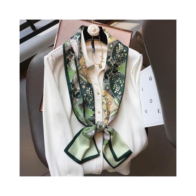 梵花 百搭綠色叢林模擬絲絲巾女長條領巾綁包包飄帶細窄圍巾
