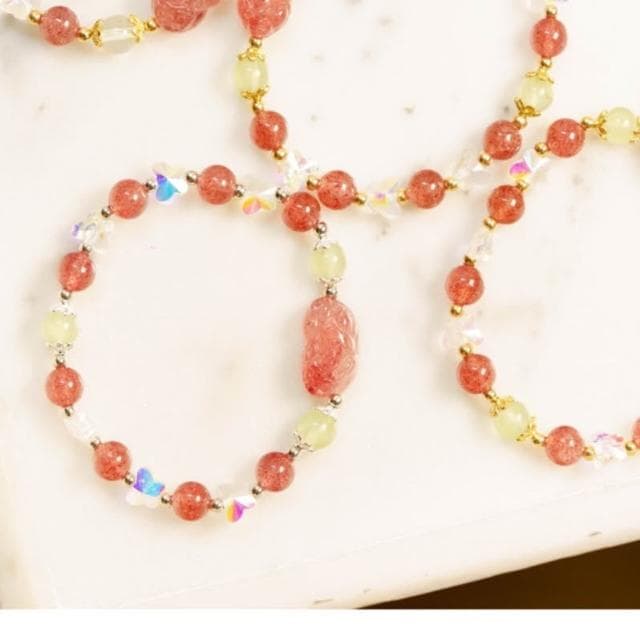  現貨4條 ｜設計款｜天然草莓晶貔貅水晶手鍊 咬錢(開源)、守財(節流)，聚財納福