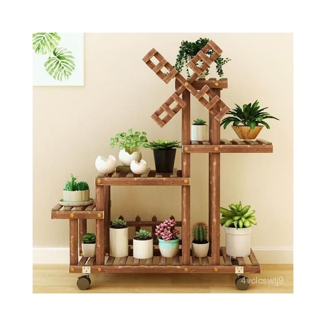居家裝飾花架 風車造型植物架 帶輪可移動盆栽架 陽臺置物架 綠蘿實木質花架 客廳室內多肉花架子 多層特價吊蘭花盆架 鞋架