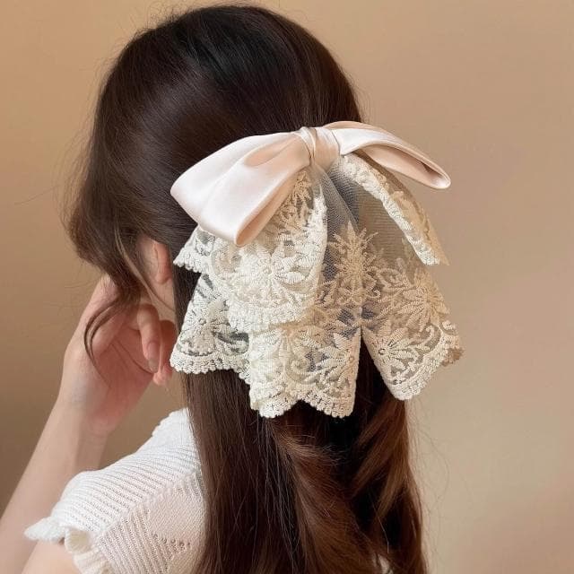 髮夾女一字夾法式刺繡網紗綢面蝴蝶結發夾高級感甜美發飾女後腦勺馬尾夾顯發量(情人節 聖誕節 生日 髮飾 頭飾 髮夾 禮物)