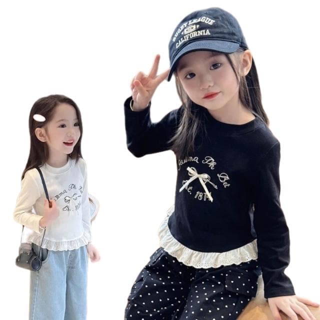 【Arbea】【Arbea】女童長袖T恤衫春夏新款女兒蕾絲拼接洋氣百搭圓領上衣童裝【C1242】