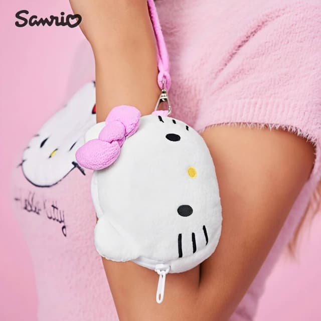 【SANRIO 三麗鷗】Hello Kitty凱蒂貓正版授權雙面毛絨零錢包耳機包吊飾鑰匙圈(閨蜜女兒女友老婆生日聖誕交換禮物)