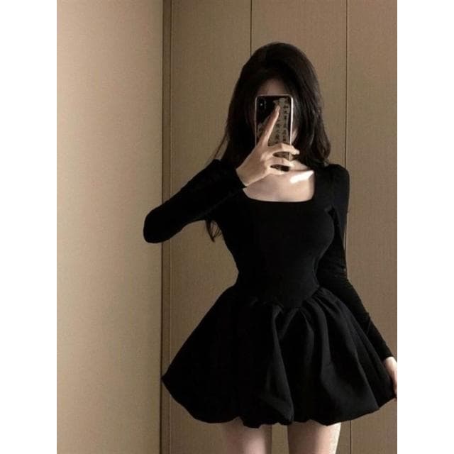 連衣裙女短裙蓬蓬裙法式小香風富家千金感花苞連衣裙女春秋小黑裙生日小禮裙公主蓬蓬短裙洋裝裙子名媛風約會氣質小眾設計感短裙女