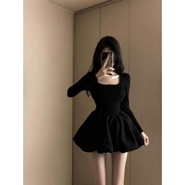 連衣裙女短裙蓬蓬裙法式小香風富家千金感花苞連衣裙女春秋小黑裙生日小禮裙公主蓬蓬短裙洋裝裙子名媛風約會氣質小眾設計感短裙女