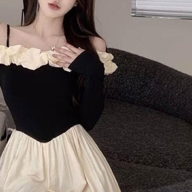 連衣裙女長裙吊帶裙女赫本風一字領拼接撞色吊帶連衣裙女2025春秋季新款法式修身收腰氣質長裙洋裝裙子生日小禮服約會氣質長裙