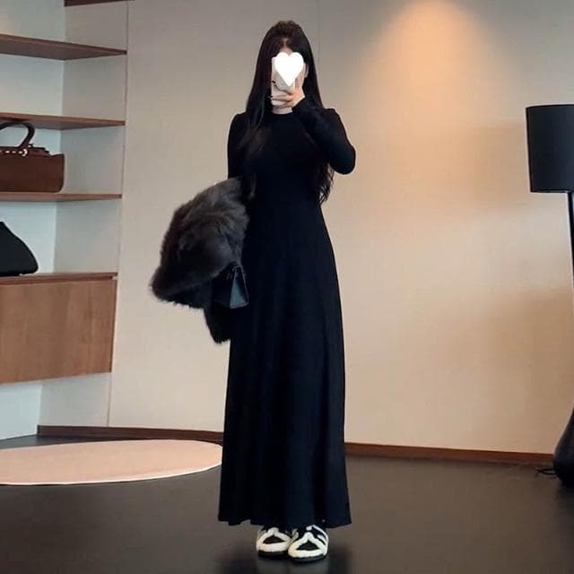 連衣裙女長裙洋裝裙子法式長袖圓領黑色連衣裙子女春秋季2025新款A字裙氣質內搭打底長裙約會生日氣質高級感收腰長款裙子女