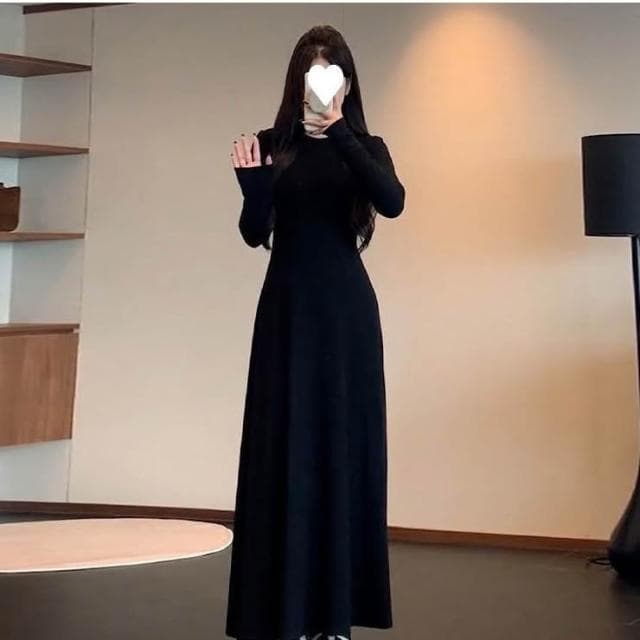 連衣裙女長裙洋裝裙子法式長袖圓領黑色連衣裙子女春秋季2025新款A字裙氣質內搭打底長裙約會生日氣質高級感收腰長款裙子女