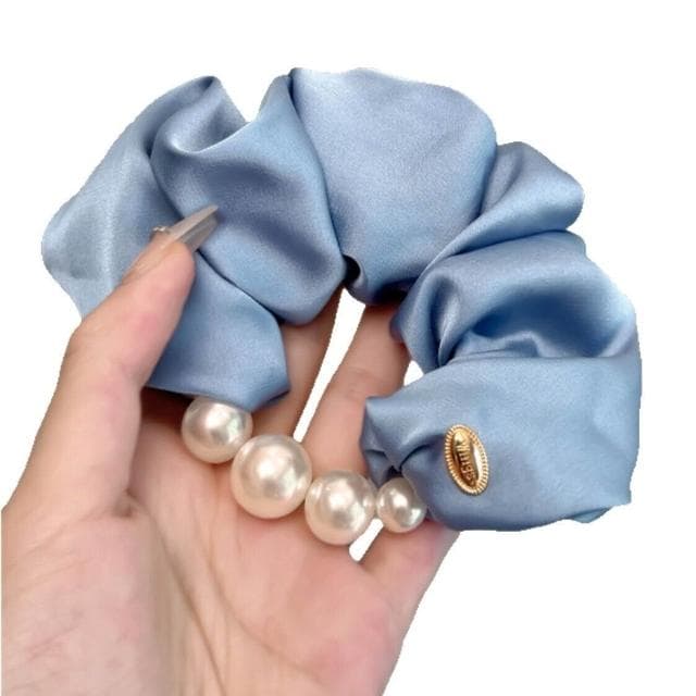 大腸圈ins韓系髮圈漫仙女奶油海藍~韓版緞面珍珠邊氣質溫柔低馬尾高級感旅行皮筋 髮飾髮圈(七夕 情人節 生日 髮飾 ） 